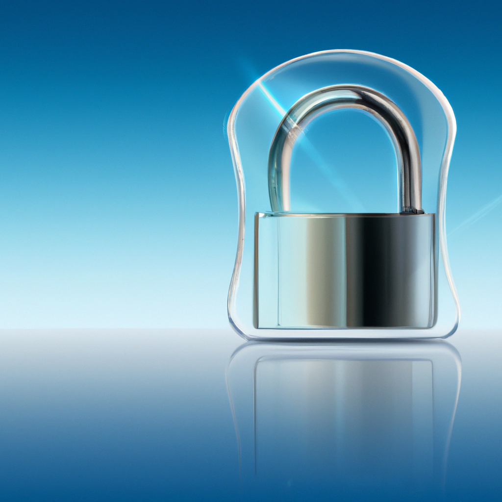 Abstract glass padlock and shield representing privacy and data protection on a gradient blue background
