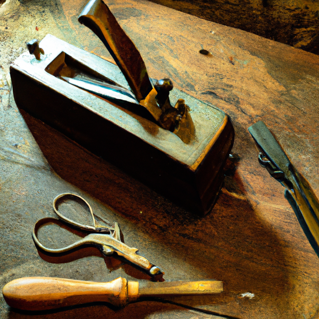 Sunlit vintage woodworking bench with classic hand tools neatly arranged
